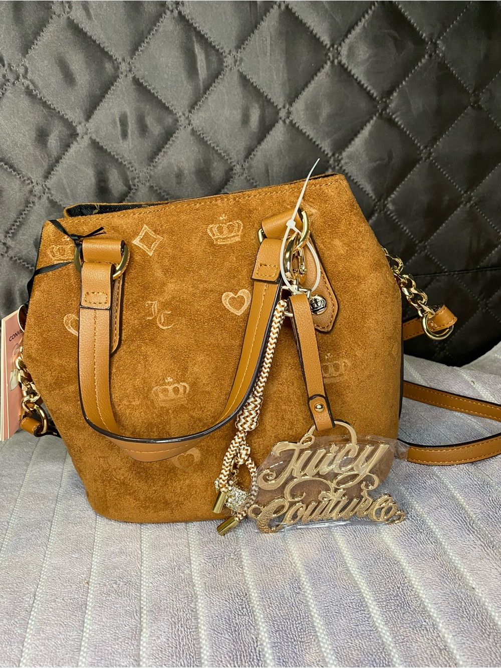 Juicy Couture Caramel Camel Brown Faux Suede Satchel Purse Viral Crown Charm NWT